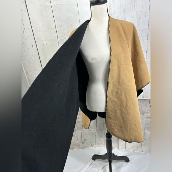 Fleece Poncho Kimono Fleece Open Front Reversible Black Camel - Picture 1 of 5